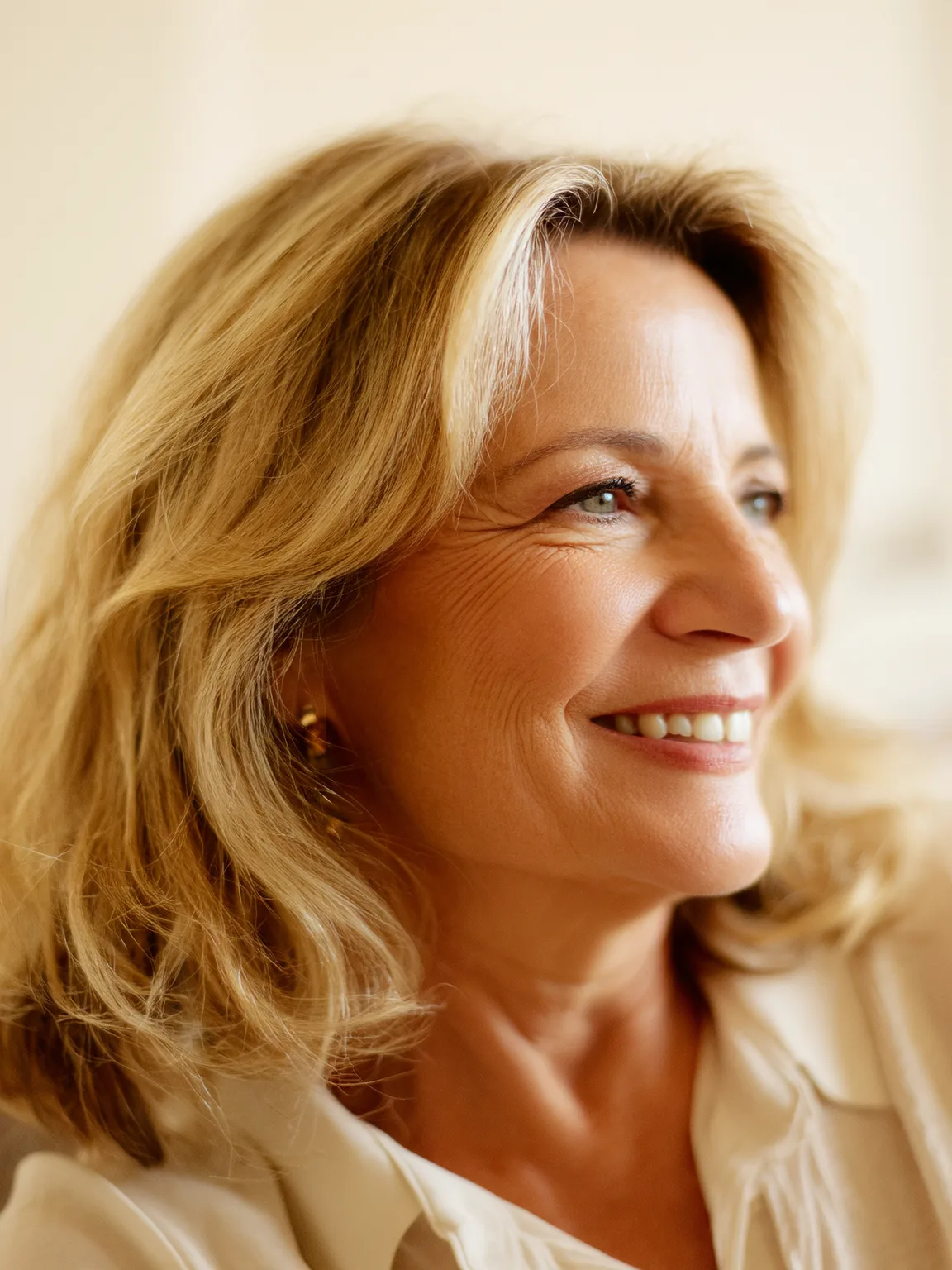 Shoulder-Length Wavy Layered Cut with Sun-Kissed Honey Blonde Highlights